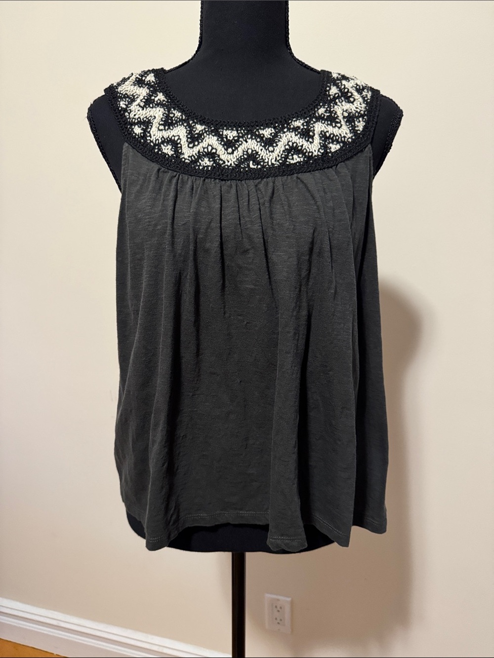 Women’s Black Sleeveless Top with crocheted Yoke